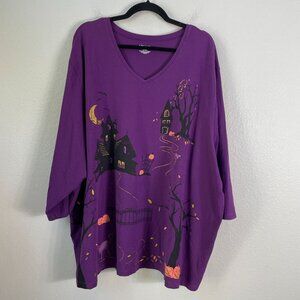Liz&Me Womens Plus 5X Halloween Purple V Neck Graphic Top 3/4 Sleeve Shirt